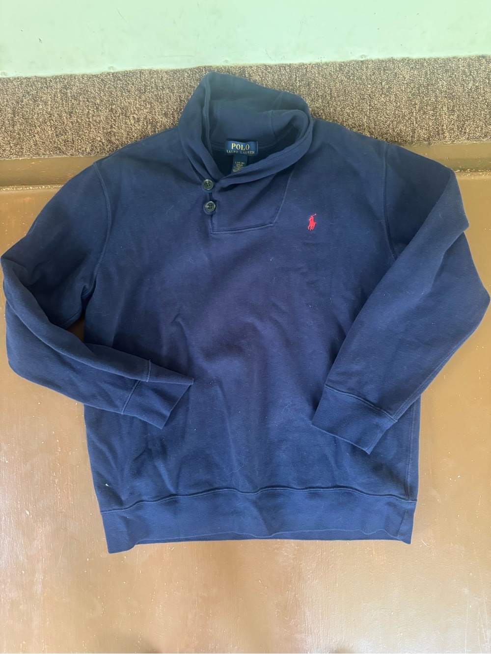 Polo Ralph Lauren Navy Cowl Neck Button-Detail Sweater with Red Pony - youth L
